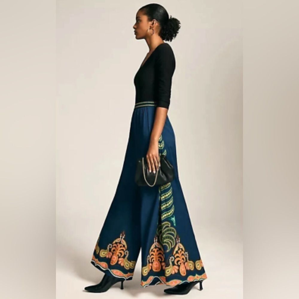 Anthropologie Farm Rio Wide Leg Pants Flare Morroccan Floral Blue Size XS